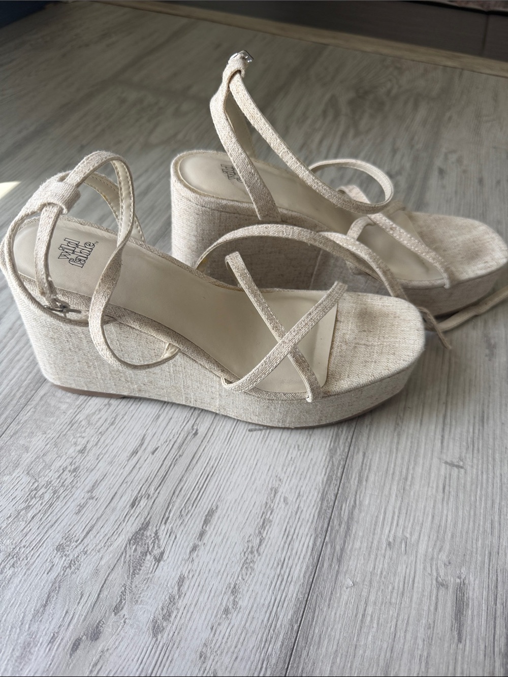 Neutral Linen-Textured Beige Wedge Sandals with Ankle Strap